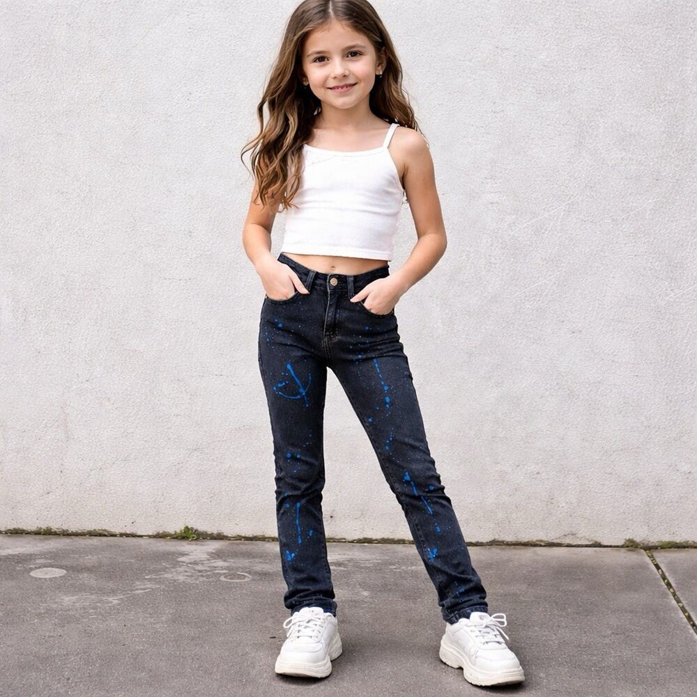 Jeanetix Girls Black Jeans Blue Paint Splatter Denim Size 6 Skinny Jeans Y2K